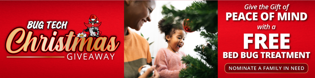 Smiling mother and child in front of a Christmas Tree - Bug Tech Christmas Giveaway - Give the gift of peace of min with a Free Bed Bug Treatment CTA