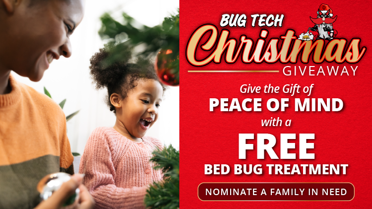 Smiling mother and child in front of a Christmas Tree - Bug Tech Christmas Giveaway - Give the gift of peace of min with a Free Bed Bug Treatment CTA